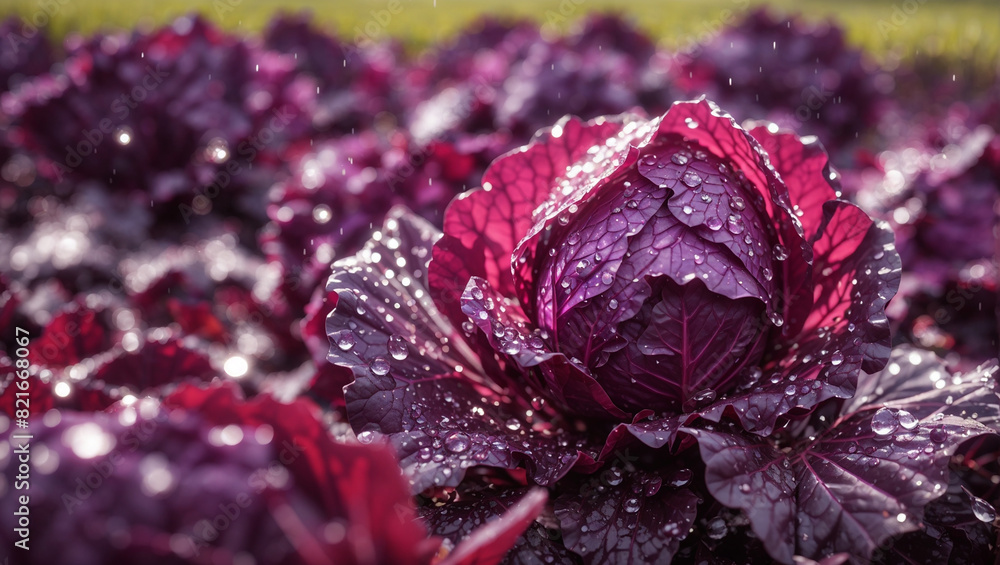 This is a close-up image of a field of purple cabbages, with water droplets on the leaves.
This is a close-up image of a field of purple cabbages, with water droplets on the leaves.