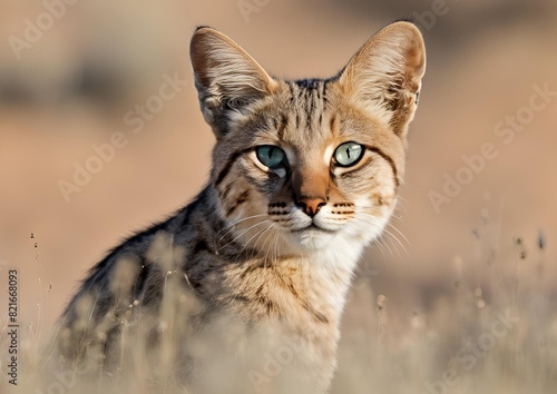 An African wildcat (Felis silvestris lybica) in the Kalahari Desert, South Africa. photo