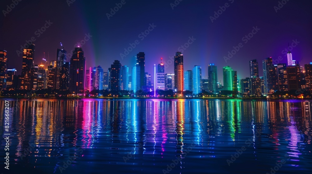 Obraz premium A night scene of a city skyline lit up in rainbow colors, celebrating LGBTQ+ Pride Month with vibrant lights