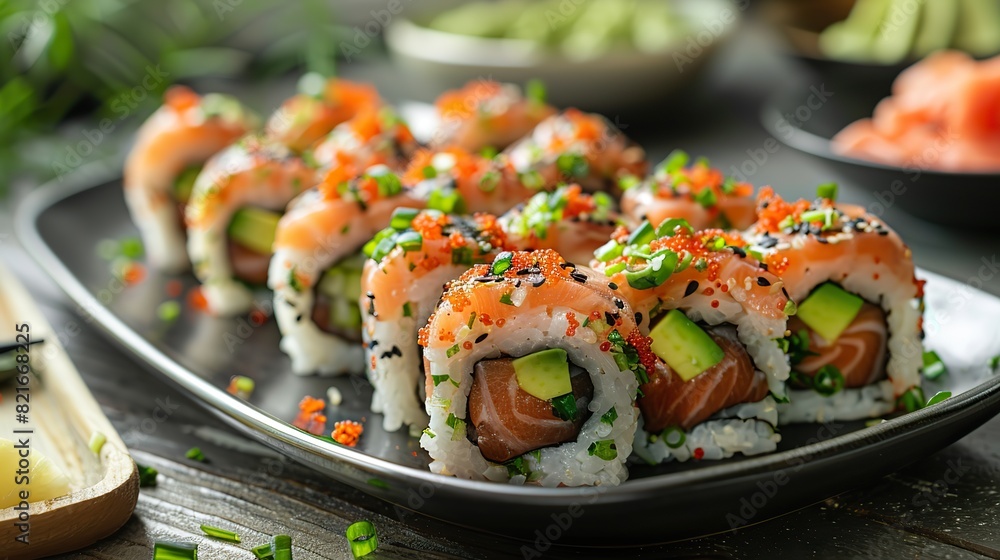 A plate of sushi rolls with spicy tuna and avocado. A plate of sushi rolls with spicy tuna and avocado.