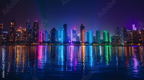 Wallpaper Mural A night scene of a city skyline lit up in rainbow colors, celebrating LGBTQ+ Pride Month with vibrant lights Torontodigital.ca