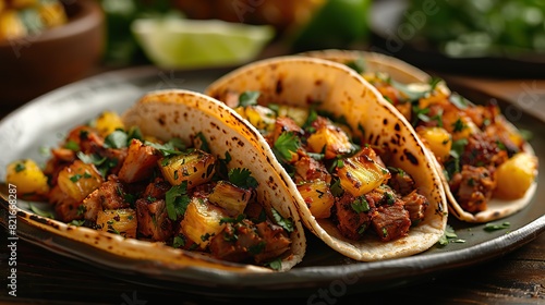 A plate of tacos al pastor with pineapple and cilantro. photo