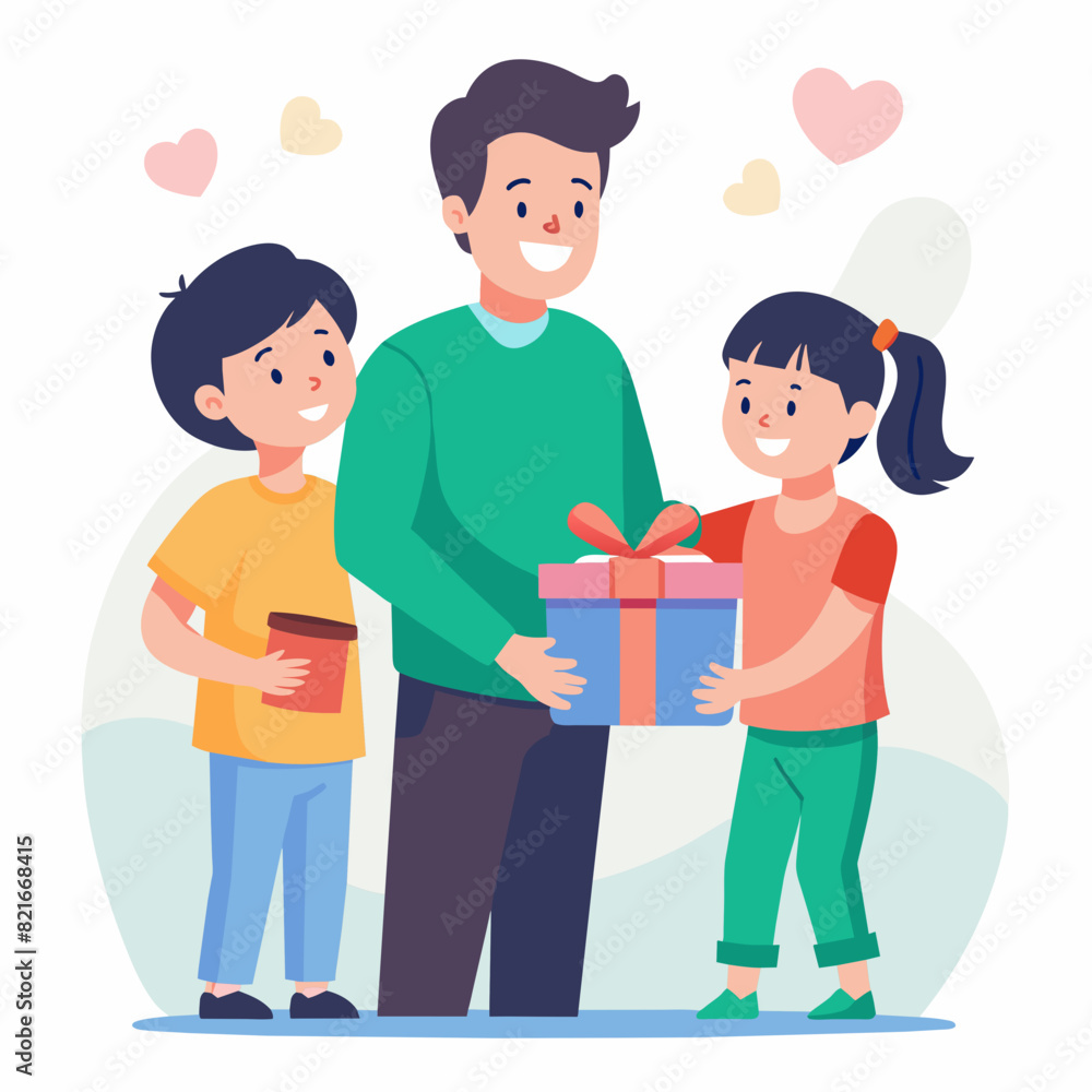Illustration of a daughter and son surprising a father and giving a gift to their father Illustration of a daughter and son surprising a father and giving a gift to their father