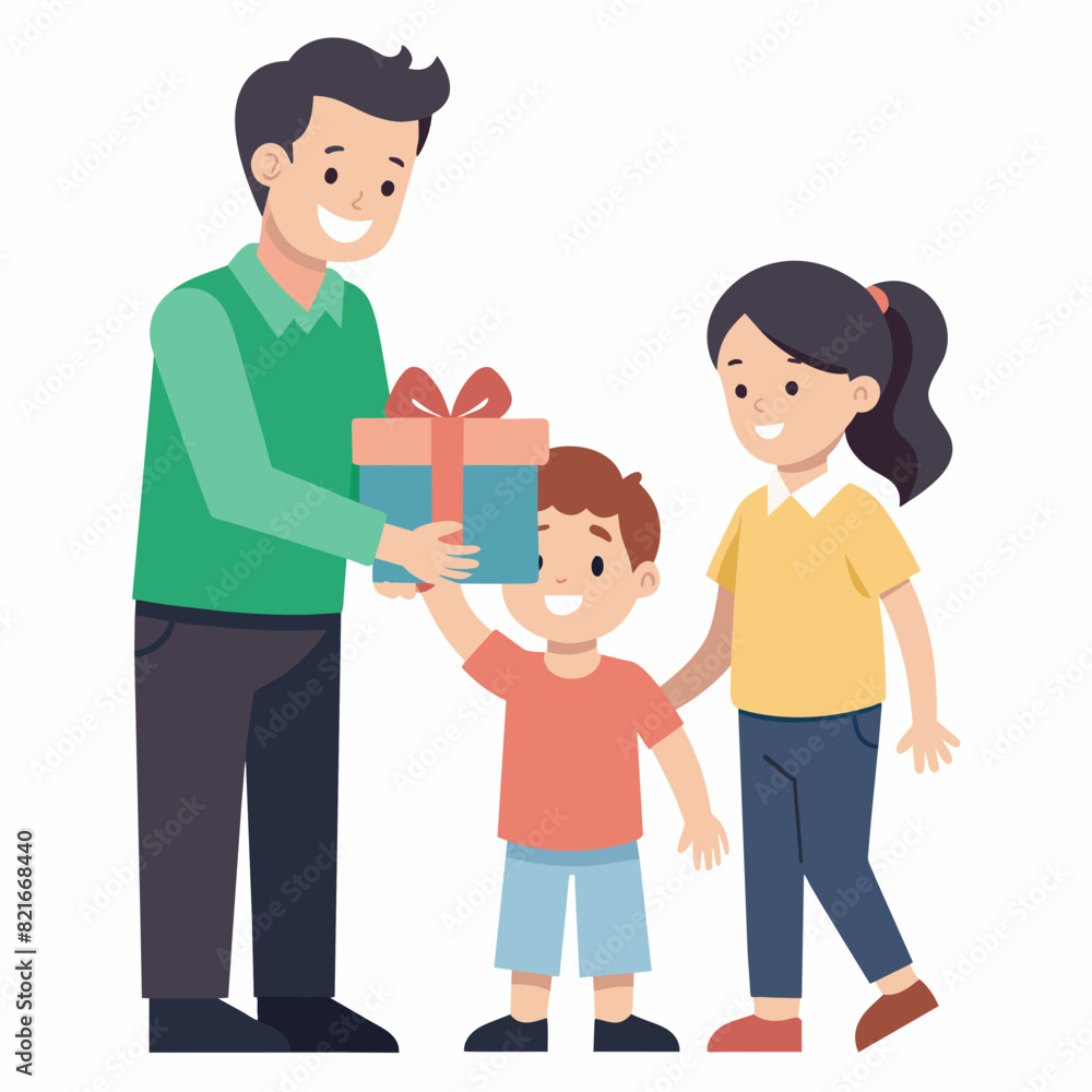 Illustration of a daughter and son surprising a father and giving a gift to their father Illustration of a daughter and son surprising a father and giving a gift to their father