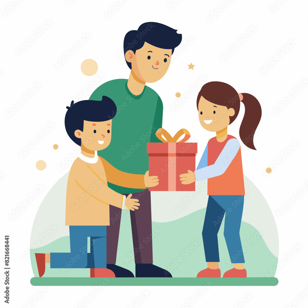 Illustration of a daughter and son surprising a father and giving a gift to their father Illustration of a daughter and son surprising a father and giving a gift to their father
