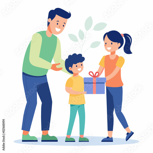 Illustration of a daughter and son surprising a father and giving a gift to their father 