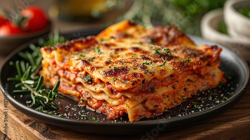 A plate of vegetable lasagna with marinara.