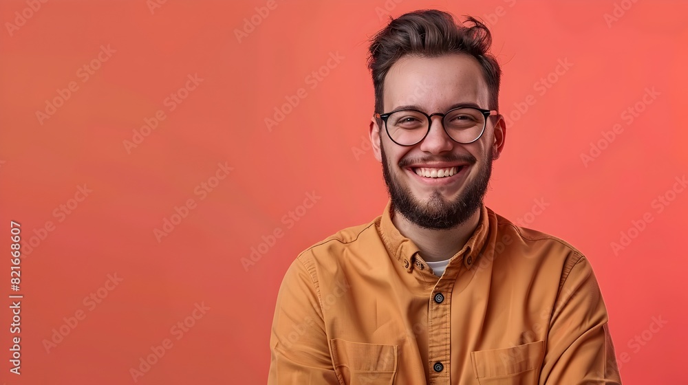 Fototapeta premium Confident Young Tech Professional Smiling in Minimalist Workspace