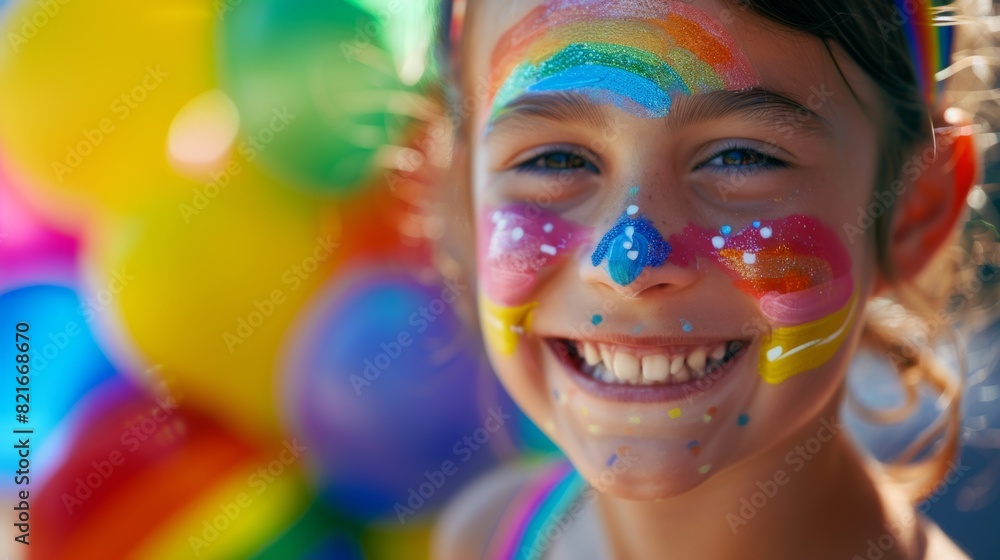 A close-up of pride-themed face paint on a smiling child�s face, with rainbow balloons in the background A close-up of pride-themed face paint on a smiling child�s face, with rainbow balloons in the background