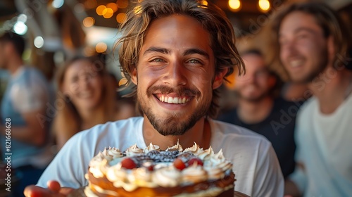 A happy gay man receiving a surprise birthday cake from his friends at an outdoor gathering