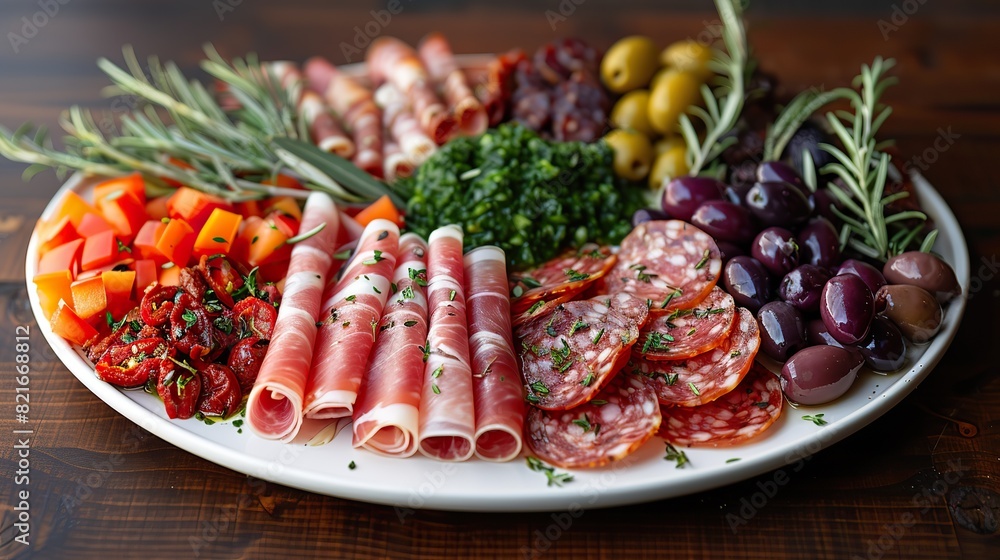 A platter of antipasto with cured meats, olives, and marinated vegetables. A platter of antipasto with cured meats, olives, and marinated vegetables.