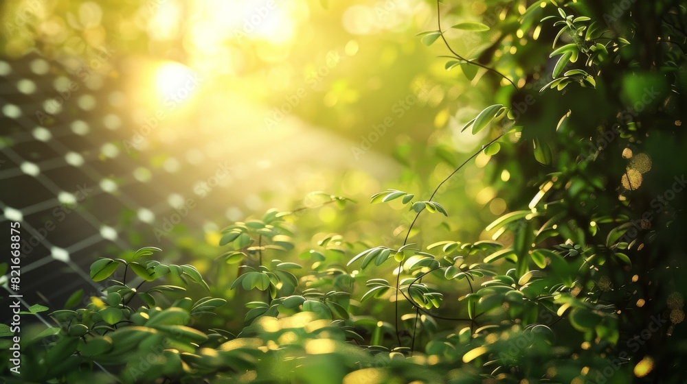 Obraz premium Gentle sunset rays illuminate the edge of a solar panel and vibrant green leaves representing innovation and environmental harmony