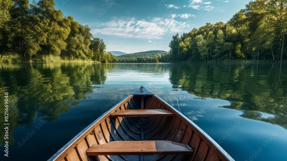 A wooden rowboat floats on a tranquil lake surrounded by lush greenery, with a clear blue sky overhead.