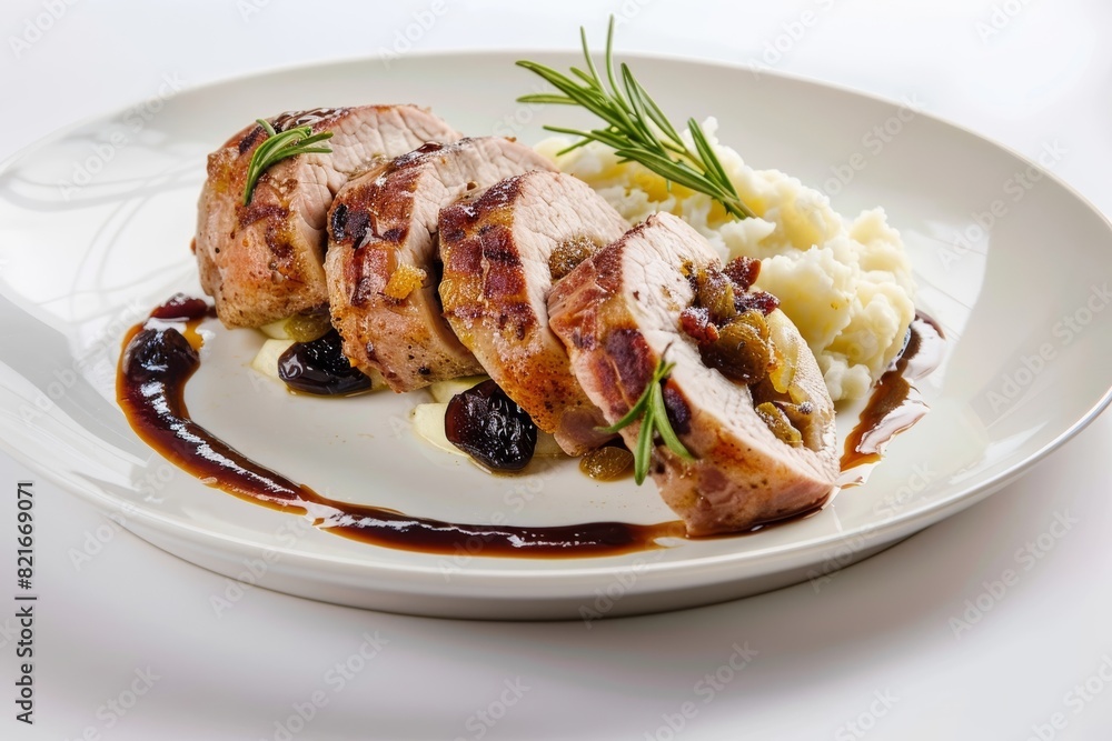 Succulent Apple and Prune Stuffed Pork Loin on Bed of Mashed Potatoes Succulent Apple and Prune Stuffed Pork Loin on Bed of Mashed Potatoes
