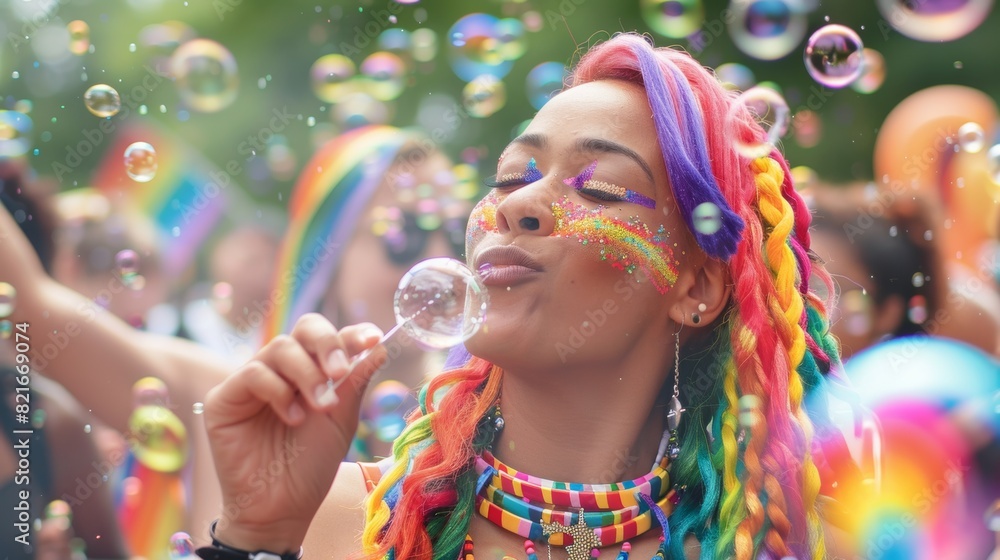 A person with rainbow-colored hair blowing bubbles at a pride festival, surrounded by happy participants A person with rainbow-colored hair blowing bubbles at a pride festival, surrounded by happy participants