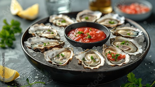 A platter of fresh oysters on ice with lemon wedges and cocktail sauce.