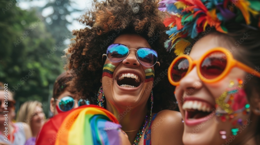 A group of friends with rainbow accessories, laughing and enjoying a pride parade A group of friends with rainbow accessories, laughing and enjoying a pride parade