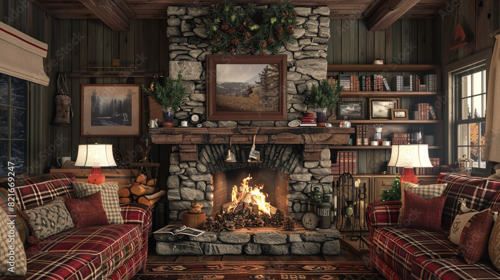 A cozy traditional living room with a stone fireplace, a plaid sofa, and a collection of family photos displayed on the mantle. A cozy traditional living room with a stone fireplace, a plaid sofa, and a collection of family photos displayed on the mantle.