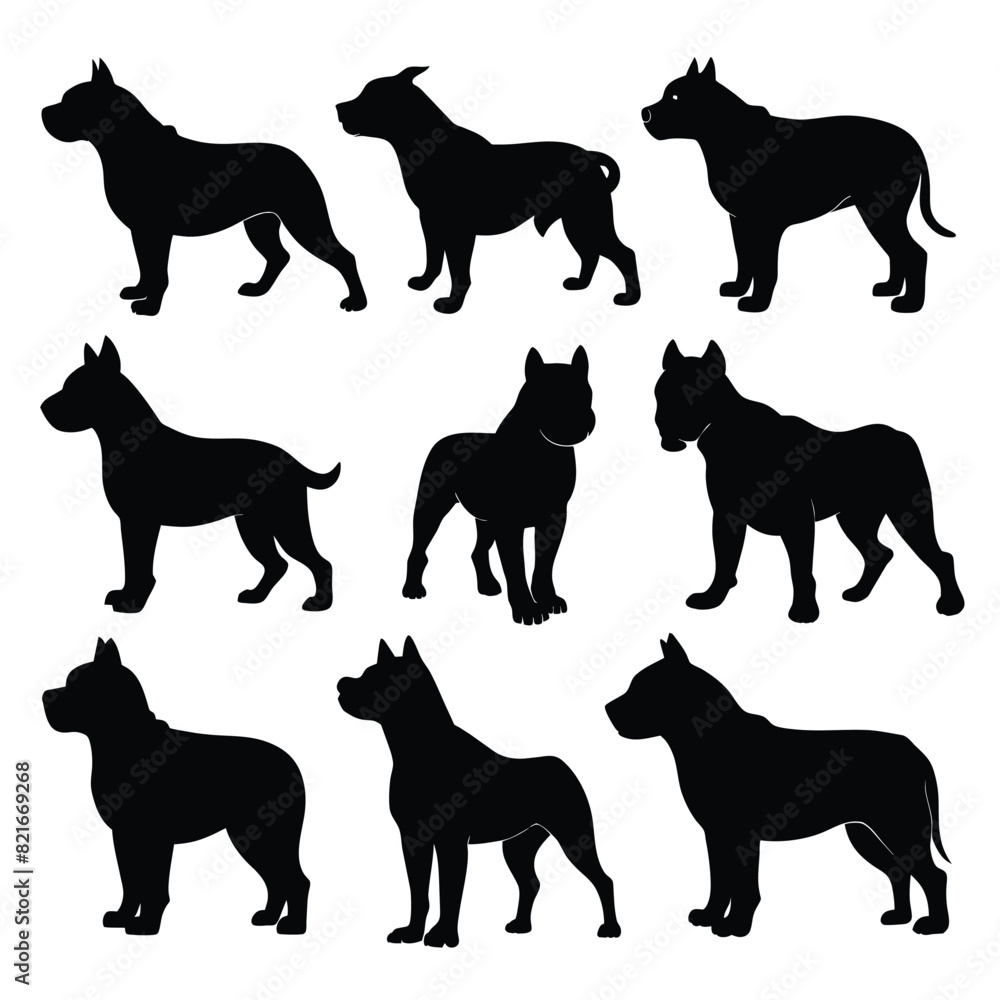 Set of Black American Bully Silhouette Vector on a white background