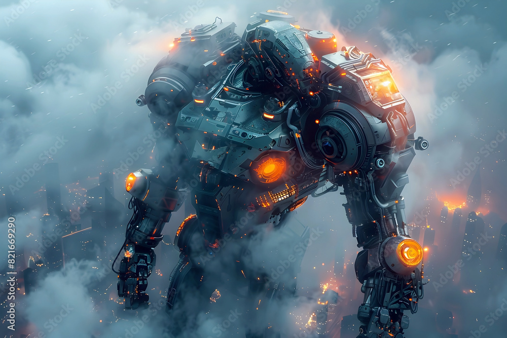 Obraz premium Futuristic Cyborg Mist Warrior in Dystopian Industrial Landscape with Advanced Mechanical Frame and Glowing Energy Conduits