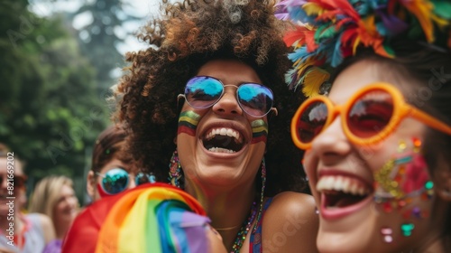 Wallpaper Mural A group of friends with rainbow accessories, laughing and enjoying a pride parade Torontodigital.ca