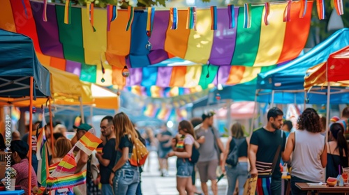 A colorful pride-themed street fair, with food stalls, games, and live performances