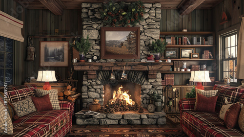 A cozy traditional living room with a stone fireplace, a plaid sofa, and a collection of family photos displayed on the mantle.