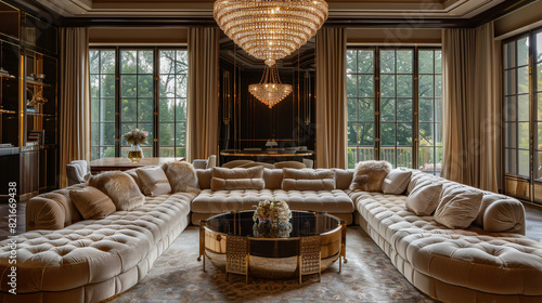A glamorous living room with a glittering chandelier, a velvet sectional sofa, and a mirrored console table, reflecting the lavishness of Hollywood Regency style. photo