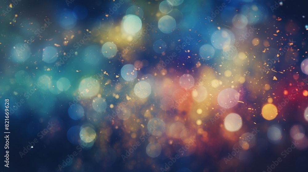 Abstract background with colorful bokeh lights and particles.