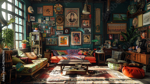 A maximalist eclectic living room with an abundance of colors, patterns, and textures, featuring a mix of furniture styles and an eclectic collection of art and decor pieces. photo