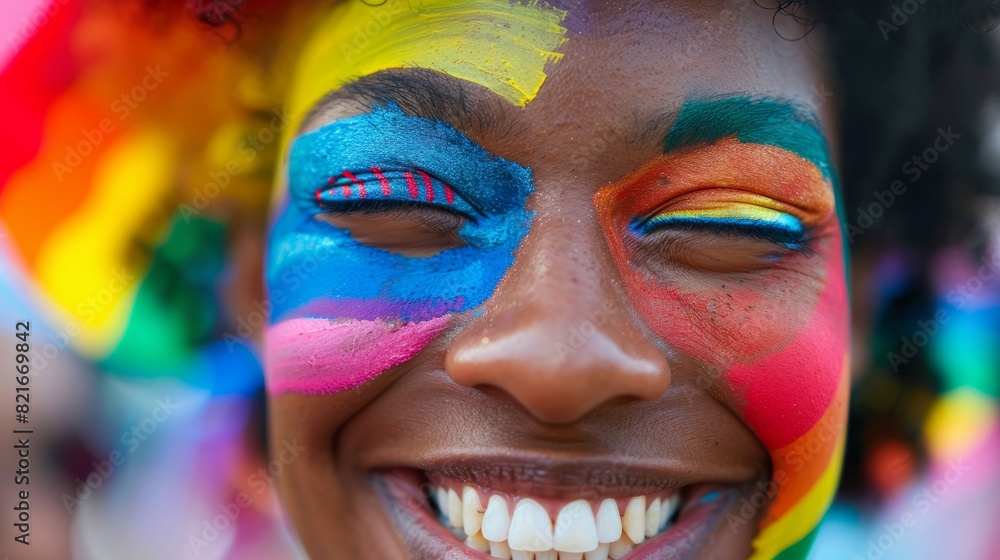 A close-up of a person�s face with rainbow face paint, smiling at a pride celebration A close-up of a person�s face with rainbow face paint, smiling at a pride celebration