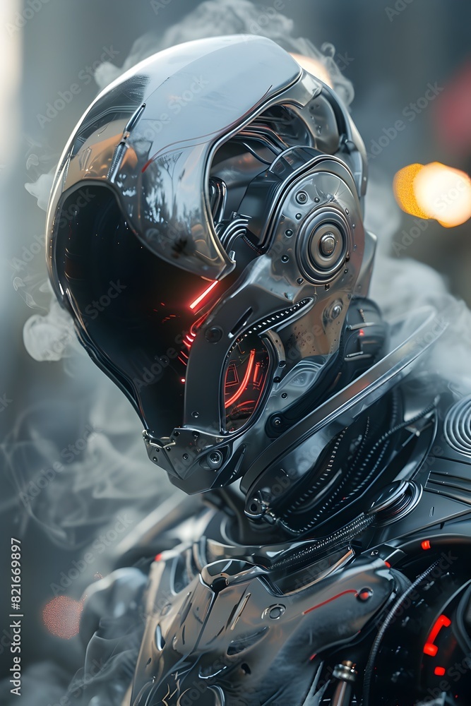 Hyper-Detailed Cyborg Mist Warrior with Intricate Chrome Armor and Glowing Energy Conduits in a Dystopian Cityscape Hyper-Detailed Cyborg Mist Warrior with Intricate Chrome Armor and Glowing Energy Conduits in a Dystopian Cityscape