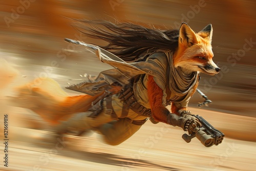 Dynamic Asian Bounty Hunter Fox Woman in Flight Suit Speeding Through Wild West Action - Motion Blurred Illustrative Scene photo