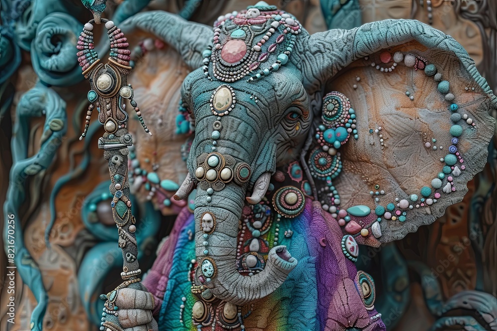 Fototapeta premium Elegant Elephant-Inspired Goddess Wizard: Rainbow Robe Hyperrealism in 8K