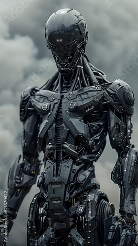 Imposing Biomechanical Cyborg Alien Commando in High-Tech Tactical Gear within Dramatic Atmospheric Setting