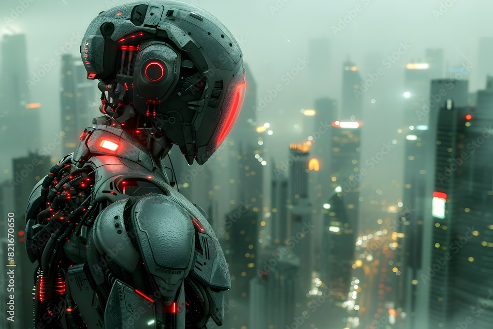 Imposing Cyborg Mist Warrior Stands Amidst Dystopian Cityscape, Futuristic Weapons and Sensors Obscured by Luminescent Haze Imposing Cyborg Mist Warrior Stands Amidst Dystopian Cityscape, Futuristic Weapons and Sensors Obscured by Luminescent Haze