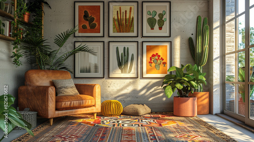 A modern Southwestern living room with a gallery wall of cactus prints, a leather armchair, and a sisal rug, blending contemporary style with desert-inspired decor for a unique and vibrant space. photo