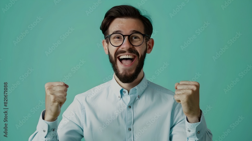 Elated Young Professional Celebrating Success in Office Environment Elated Young Professional Celebrating Success in Office Environment