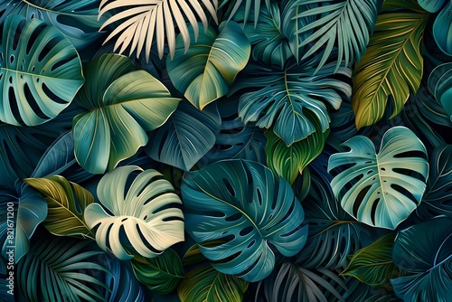 Wallpaper Mural Lush Tropical Leaves Mosaic in Harmonious Ivory,Green,and Blue Hues Torontodigital.ca