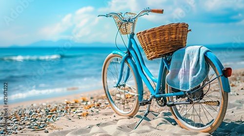 A blue bicycle with a wicker basket with a beach towel stands on a beach