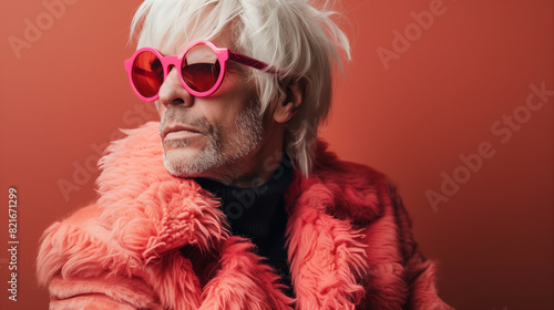 A man with white hair donning pink sunglasses exudes confidence and eccentricity as he stands out from the crowd. Generative AI