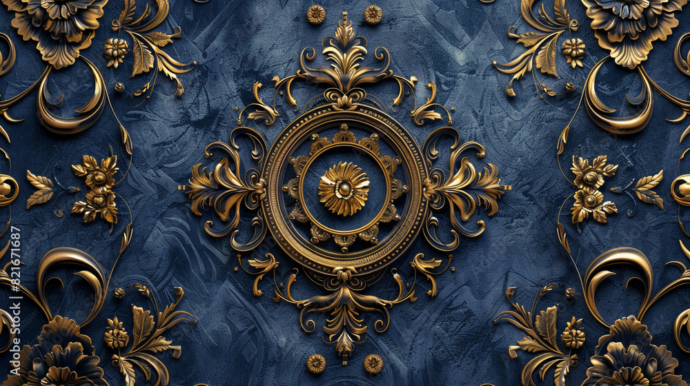 A seamless pattern of Victorian medallions and rosettes, with intricate detailing and embossed textures in shades of royal blue and gold. A seamless pattern of Victorian medallions and rosettes, with intricate detailing and embossed textures in shades of royal blue and gold.