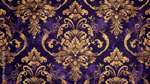 A seamless pattern of Victorian damask, with ornate floral patterns and intricate borders in shades of royal purple and gold, evoking a sense of luxury and opulence.