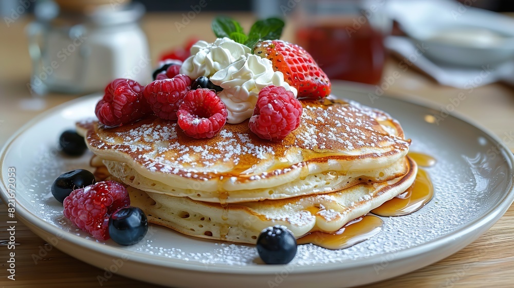 A plate of fluffy Japanese pancakes topped with whipped cream, fresh fruit, and a drizzle of maple syrup. A plate of fluffy Japanese pancakes topped with whipped cream, fresh fruit, and a drizzle of maple syrup.