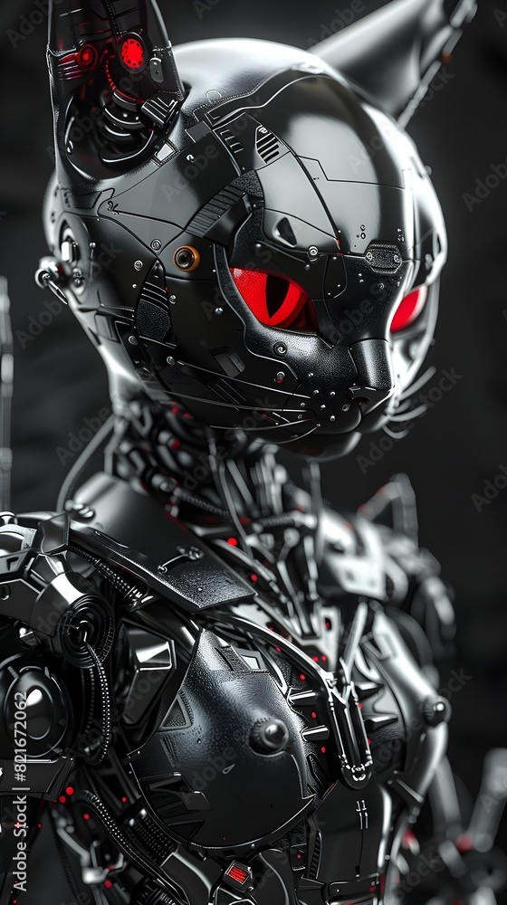 Menacing Cyborg Cat Warrior Prepared for Battle with Sleek Chrome Physique and Piercing Red Eyes Menacing Cyborg Cat Warrior Prepared for Battle with Sleek Chrome Physique and Piercing Red Eyes
