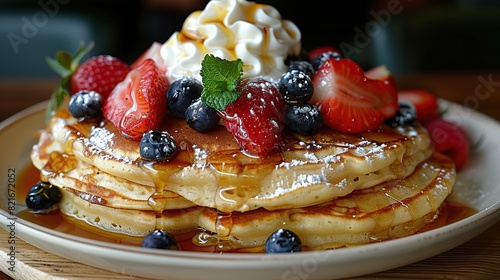 A plate of fluffy Japanese pancakes topped with whipped cream, fresh fruit, and a drizzle of maple syrup.