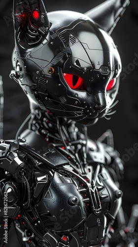 Menacing Cyborg Cat Warrior Prepared for Battle with Sleek Chrome Physique and Piercing Red Eyes