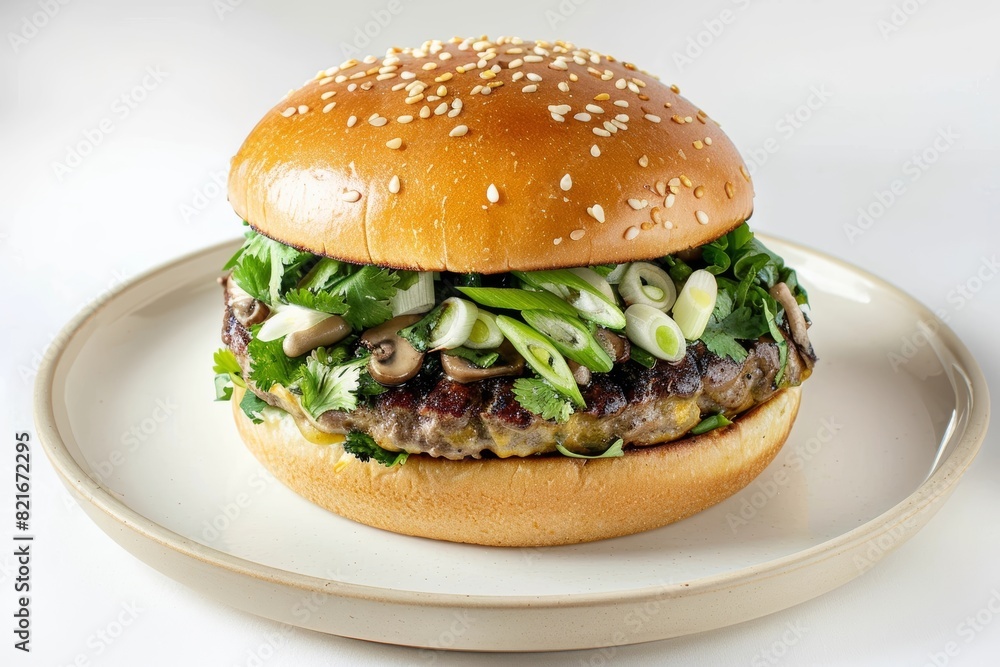 Gourmet Asian Burger with Vibrant Cilantro and Teriyaki Sauce Gourmet Asian Burger with Vibrant Cilantro and Teriyaki Sauce