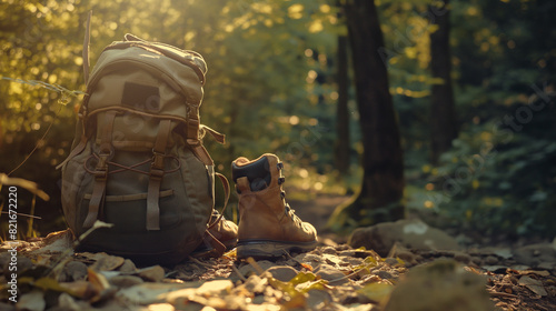 A close-up shot of a backpack and rugged hiking boots nestled amidst the dappled sunlight and lush foliage of a fores photo