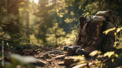 A detailed view of a backpack and sturdy hiking boots resting among the sun-dappled leaves and verdant greenery of a forest